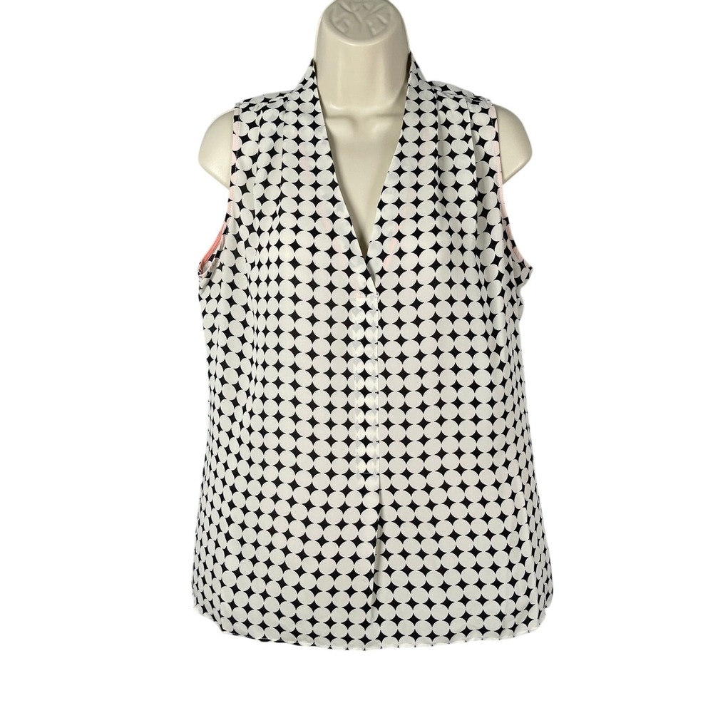 Rose + Olive Blouse Womens Medium Black White Dot Pink Trim‎ Chiffon Top